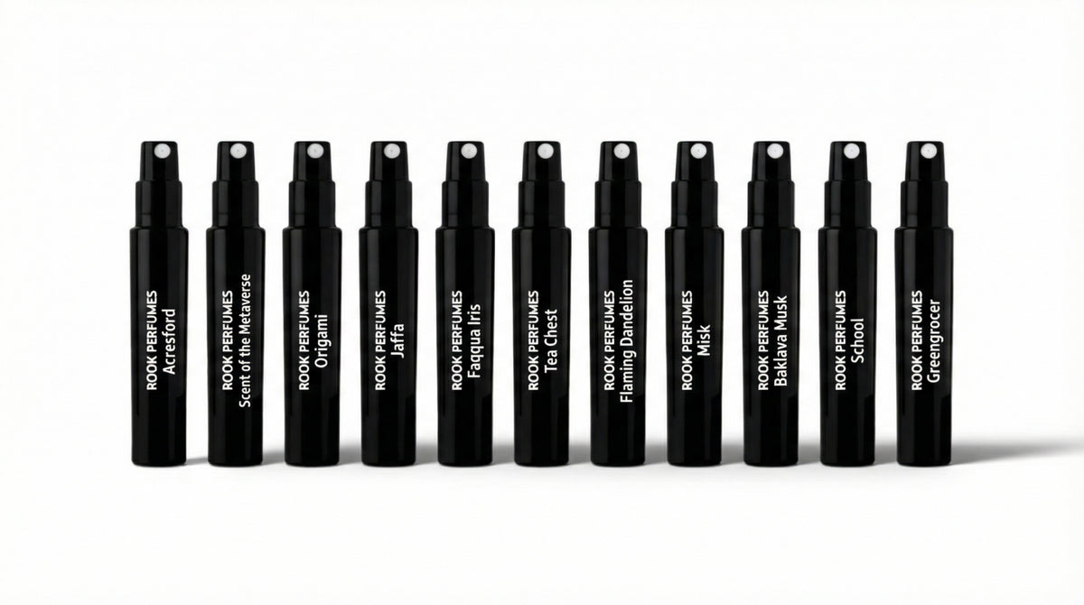 Rook Perfumes Enthusiast Discovery Set featuring 11 sample vials of 2ml each for exploring diverse fragrances.