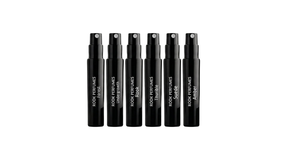 Set of six Rook Perfumes sample vials in 2ml size, featuring a variety of fragrance scents from the Rook Perfumes Discovery Collection.