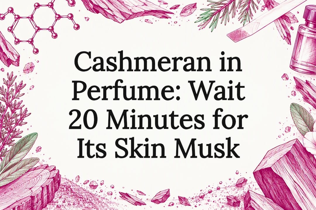Cashmeran-themed illustrated perfume title card
