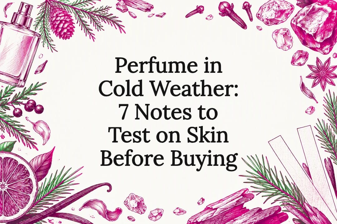 Sketched perfume botanicals frame the title