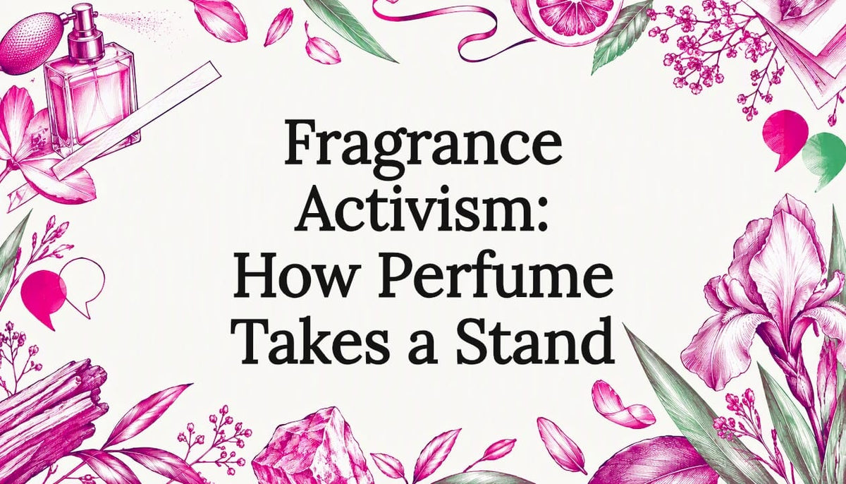Perfume and iris sketches frame the title