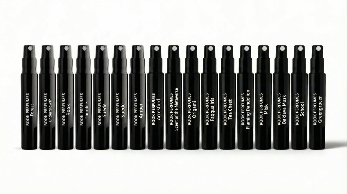 Rook Perfumes Full Immersion Discovery Set with 17 small 2ml perfume sample bottles arranged in a box.