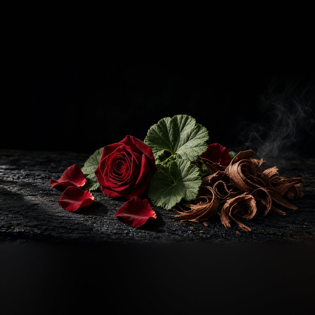 Rook Perfumes Acresford Eau De Parfum bottle with smoky rose and cedar notes, displayed with floral and woody scent elements.