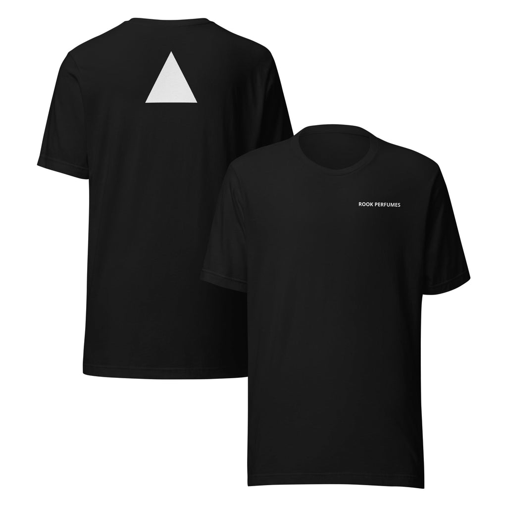 Unisex Rook Perfumes T-shirt in black Heather color, featuring a minimalist design with the Rook logo on the front.
