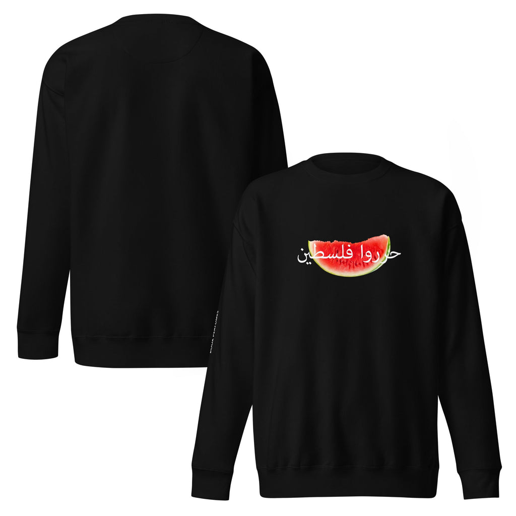 Unisex premium watermelon sweatshirt by Rook Perfumes, black fabric with a relaxed fit and subtle branding details.