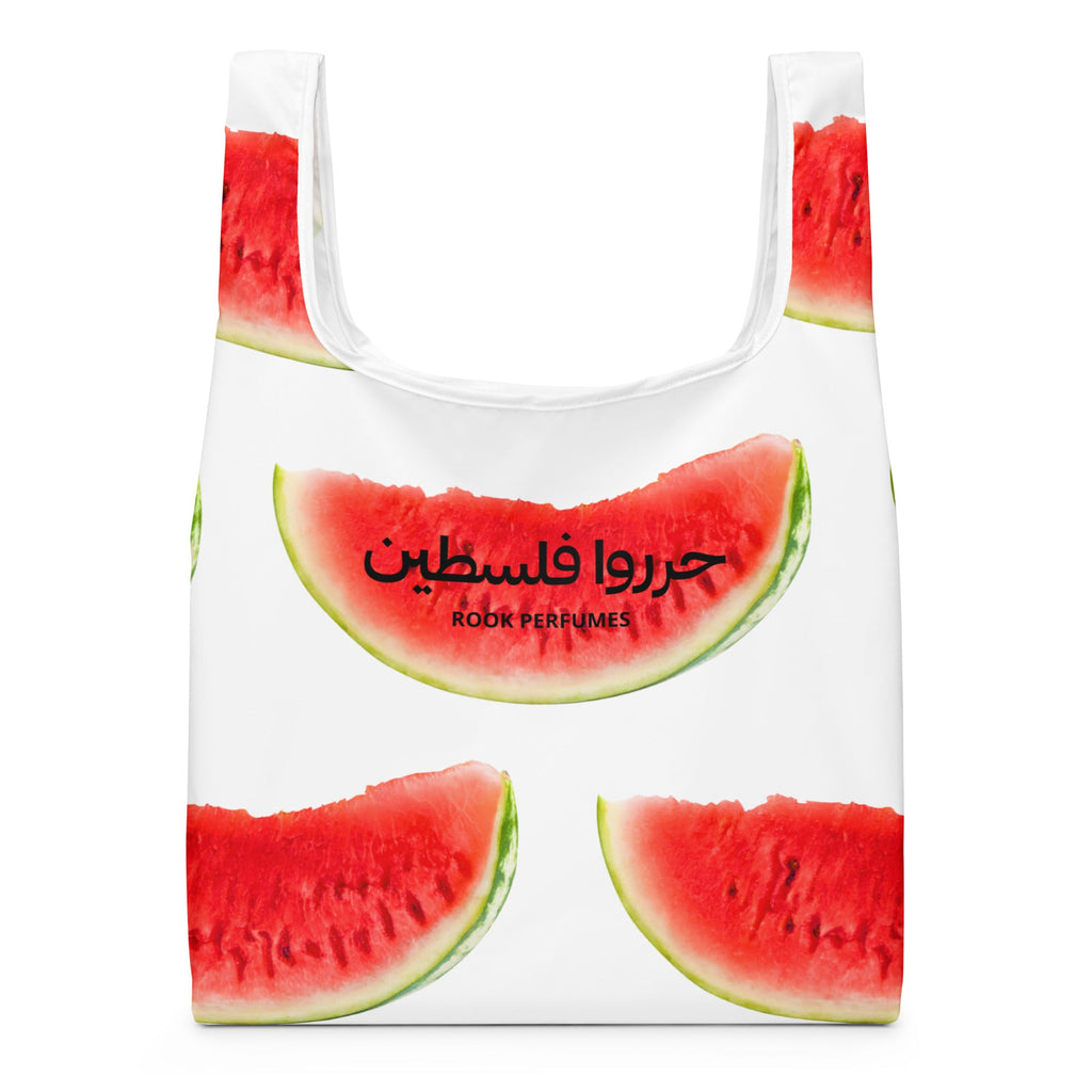 Unisex watermelon-themed shopping bag with "Free Palestine" message from Rook Perfumes, featuring vibrant colors and durable material.