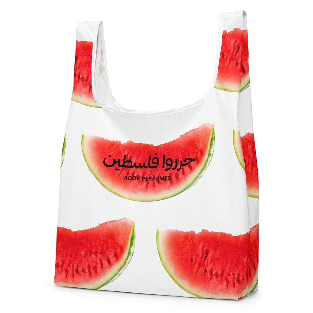Free Palestine Watermelon shopping bag featuring vibrant watermelon design, made of durable material, by Rook Perfumes.