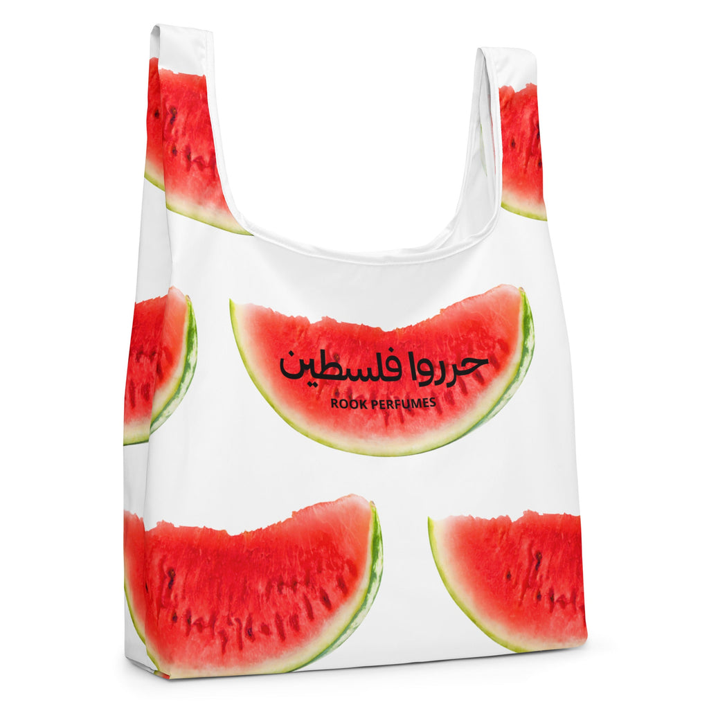 Unisex watermelon-themed shopping bag with "Free Palestine" message, featuring Rook Perfumes branding on a durable fabric bag.