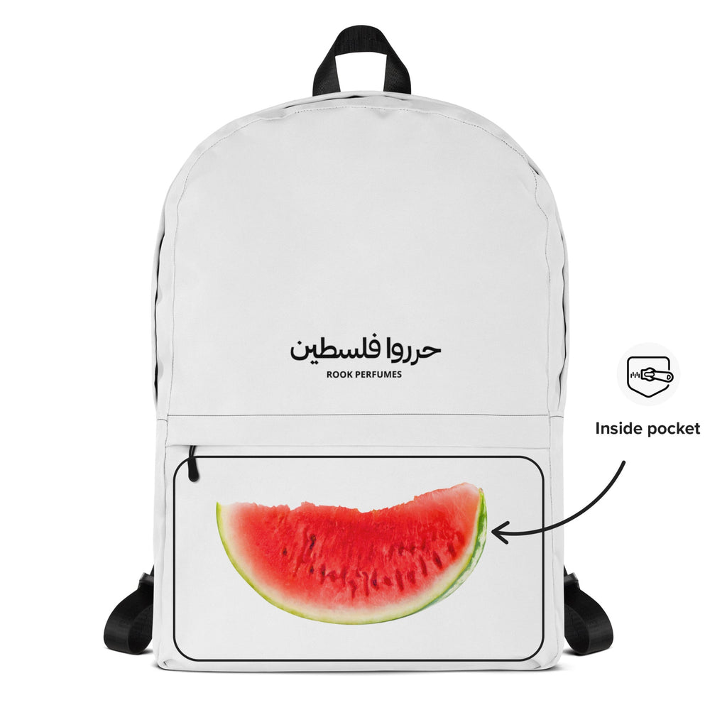 Hidden Watermelon Backpack by Rook Perfumes, featuring a stylish backpack with a vibrant watermelon design and sleek unisex style.
