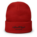 Red embroidered Free Palestine beanie by Rook Perfumes, featuring a unisex design with bold lettering and soft knit fabric.