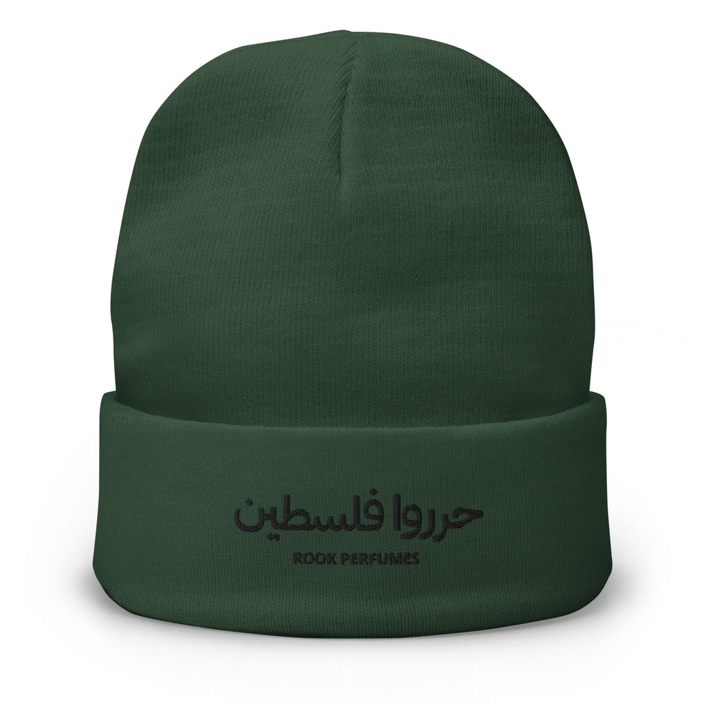Red embroidered Free Palestine beanie by Rook Perfumes, featuring unisex style and bold design.