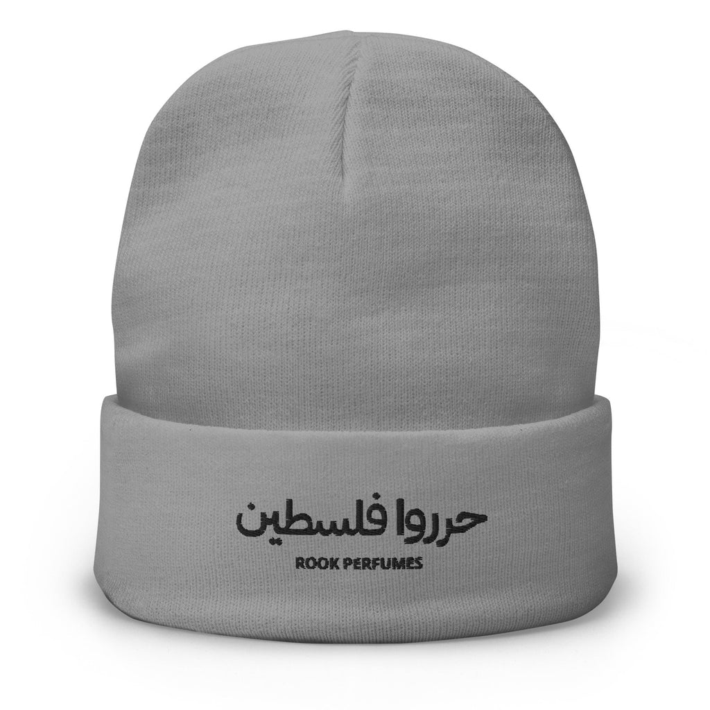 Red embroidered Free Palestine beanie by Rook Perfumes, featuring unisex design and bold Palestinian symbols.