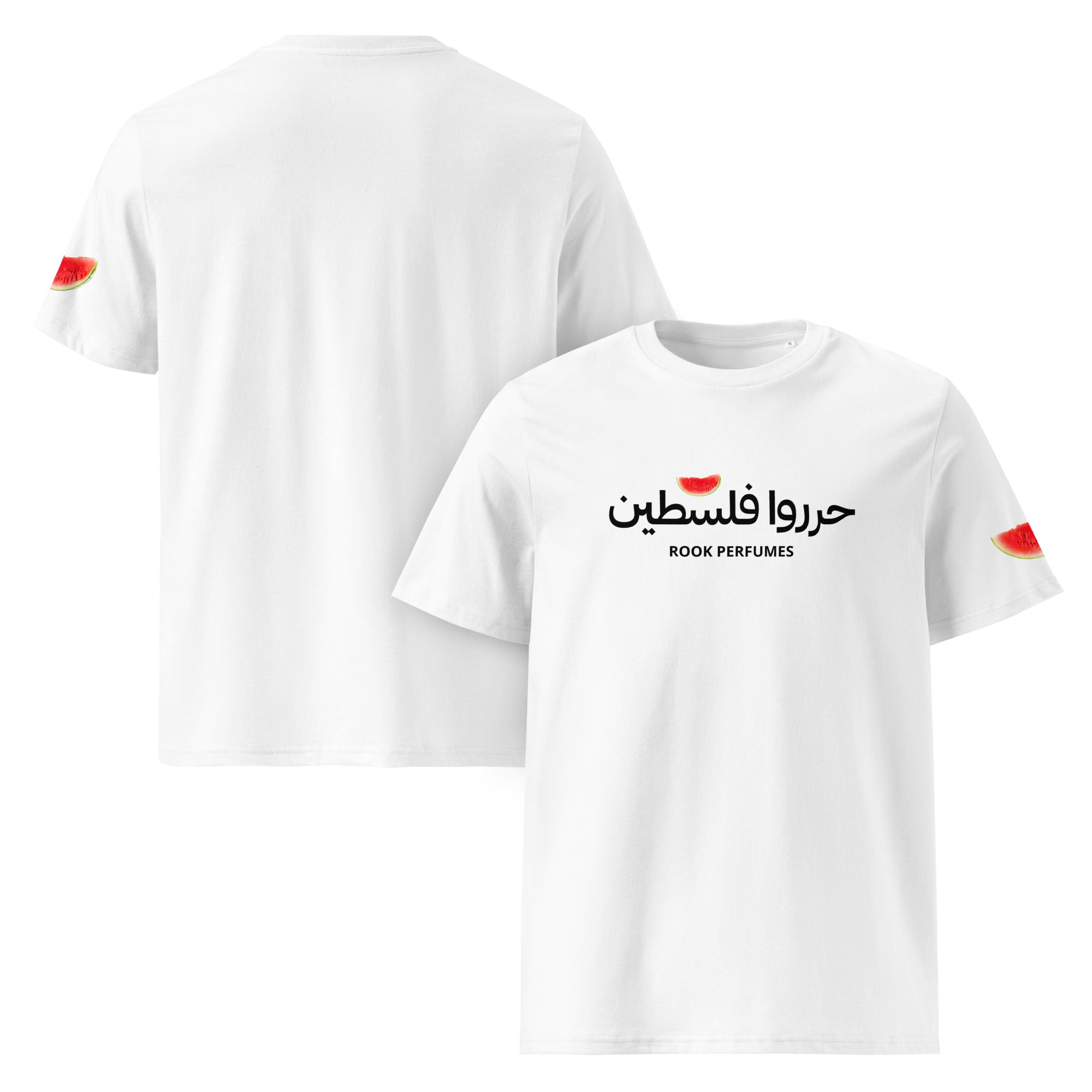 Unisex Rook Perfumes London T-shirt featuring a vibrant watermelon design with "Free Palestine" text.