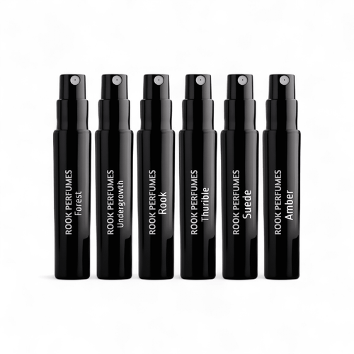 Rook Perfumes Discovery Set Sampler with various fragrance vials displayed in elegant packaging.