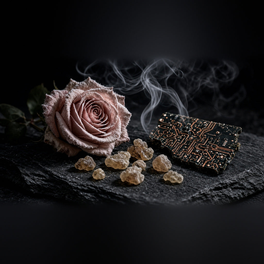 Rook Perfumes Scent of the Metaverse: Verse 1 Extrait digital era fragrance bottle with notes displayed behind.
