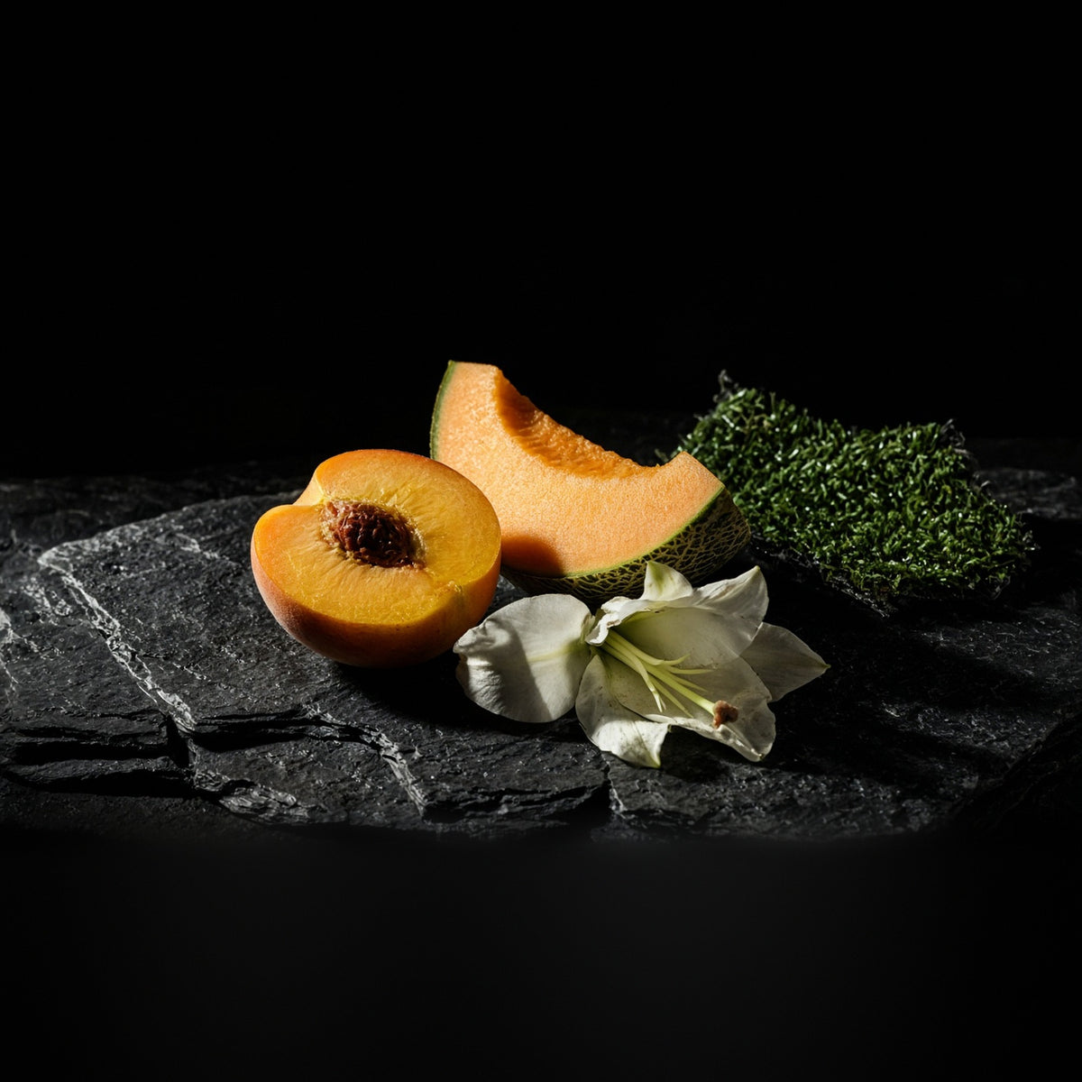 Rook Perfumes The Greengrocer Eau de Parfum with notes of peach, lily, and gasoline, displayed in a sleek bottle.